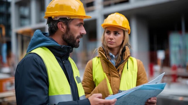 Engineers wearing bump caps collaborate on construction plans at a job site during daylight hours to ensure project alignment and safety measures