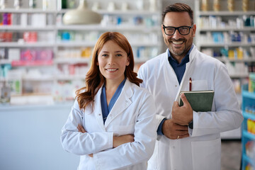 Confident pharmacists working in drugstore and looking at camera.