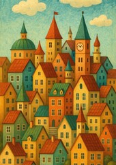 Fototapeta premium Whimsical colorful village illustration.