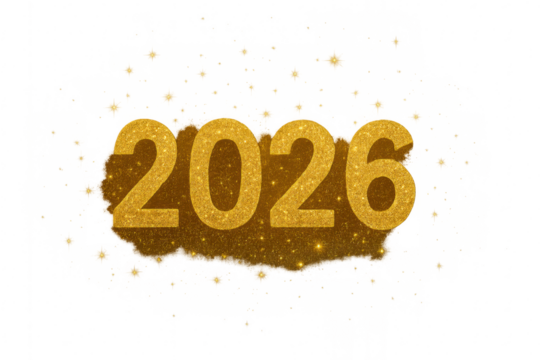 Gold glitter 2026 new year celebrations on transparent background - Powered by Adobe