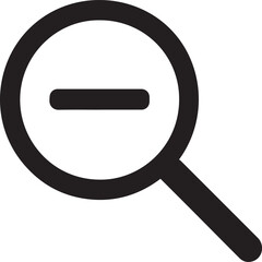 black vector magnifying glass with minus sign icon | zoom out flat design, transparent background