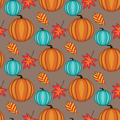 Seamless pattern with cartoon vector pumpkins and leaves. Autumn background