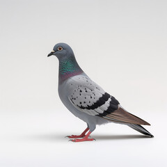 Rock Pigeon Portrait on Light Gray Background, Close-Up of Columba livia with Iridescent Neck and Gray Feathers