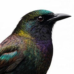Rainbow Starling Head and Shoulder Portrait on White Background, Close-Up of Aplonis panayensis with Iridescent Multi-Colored Feathers