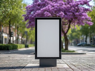 Blank vertical poster mockup on a city street. Advertising lightbox stand with blooming purple trees.