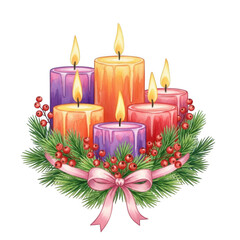 Festive christmas advent candles surrounded by pine needles and berries tied with pink bow isolated on transparent background