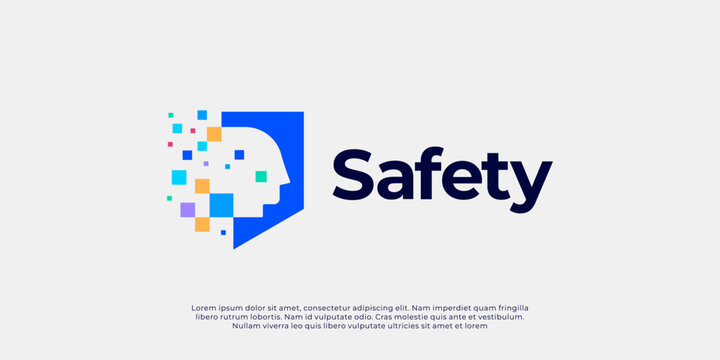 Safety Concept Logo With Shield And Pixel Head For Security And Protection Branding Visual Identity