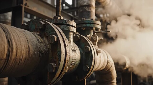 Industrial Pipeline with Valve and Steam Emission in Factory Setting