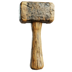 Ancient Stone Hammer with Rough Wooden Handle.
