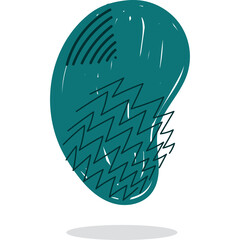 Teal Abstract Organic Shape with Black Zigzag Lines and Stripes Graphic Element on White Background with Subtle Shadow