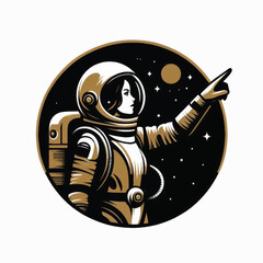Illustration of a female astronaut in a spacesuit pointing towards the future. © Ridwan