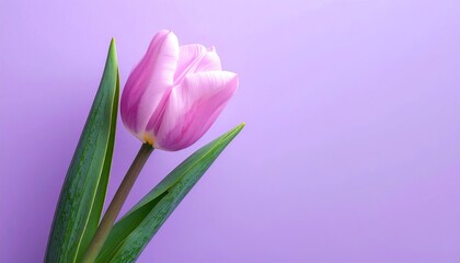 Fototapeta premium Single Pink Tulip Flower With Water Droplets And Green Leaves Against A Soft Purple Backdrop In Natural Daylight