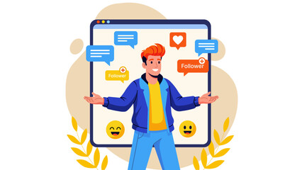 Illustration of man using social media platform isolated on white background