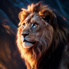 Naklejka premium Majestic Lion Portrait with Golden Mane in Warm Sunset Light