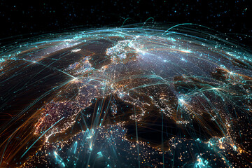 Global Connectivity: A mesmerizing depiction of planet Earth, crisscrossed by glowing lines that symbolize global connectivity, networks, and communication. A visualization of the digital age.