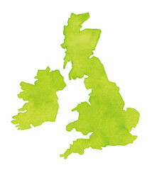 緑色水彩で描かれたイギリスとアイルランドの地図　手描き