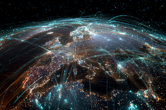 Global Connectivity: A mesmerizing depiction of planet Earth, crisscrossed by glowing lines that symbolize global connectivity, networks, and communication. A visualization of the digital age.