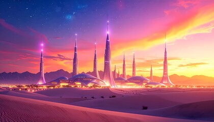 A vast white desert glowing beneath a pink-gold sky, where radiant light towers hum with divine energy—futuristic serenity meets celestial beauty in a tranquil heavenlike landscape.