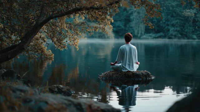 Quiet meditation by a serene lake surrounded by lush nature promoting calmness and mindfulness in a tranquil setting during early morning hours