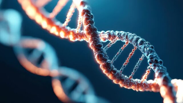 Medical blue banner showcasing a vibrant DNA double helix illuminated by sunlight, representing genetic research and biology