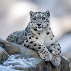 Fototapeta premium Snow Leopard Resting on Rock in Cold Mountain Habitat