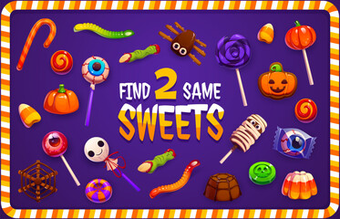 Find two same Halloween sweets, eyeball lollipops and spider shaped sweets. Candy corn, pumpkin pops and chocolate spiders with gummy worms for kids Halloween vector game to find two same candies