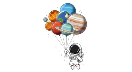 Astronaut Holding Planet Balloons - Cute Solar System Sticker Illustration