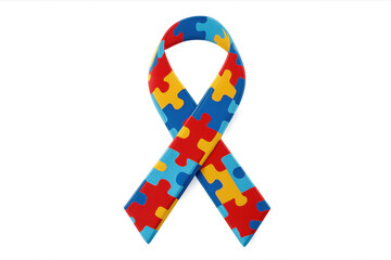 Ribbon symbol of autism awareness supporting neurodiversity and global acceptance concept, bright colorful puzzle pieces developing understanding