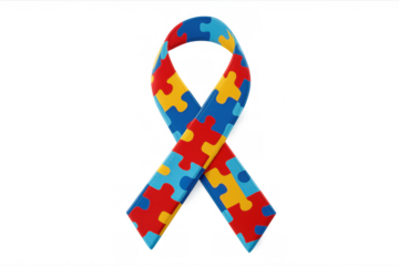 Ribbon symbol of autism awareness supporting neurodiversity and global acceptance concept, bright colorful puzzle pieces developing understanding