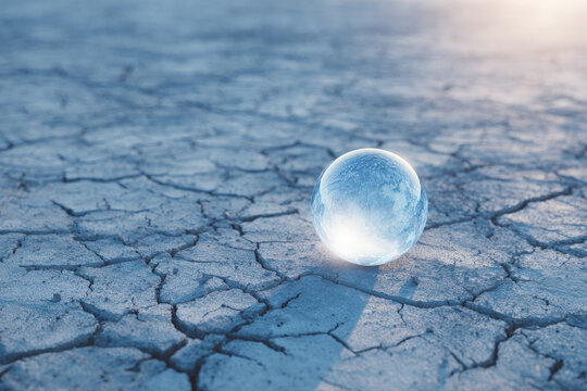 Glowing transparent sphere gently resting on cracked dry earth, reflecting sunlight and casting soft shadow, symbolizing hope and resilience in barren landscape