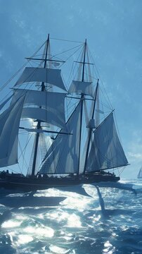 Majestic three-masted schooner with full sails cuts through choppy blue waves under a bright sky