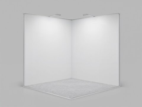 Empty white exhibition booth corner mockup. Trade show stand with spotlights on a gray background.
