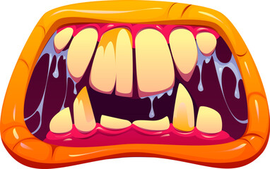Cartoon Halloween monster vector mouth with sharp fangs. Grotesque orange monster mouth with uneven yellow teeth and glistening drool dripping between fangs of monstrous grin cracked teeth and saliva