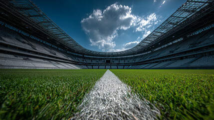 Panoramic Wide Angle View of an Empty Blue Sky Sports Stadium Field, Generative AI