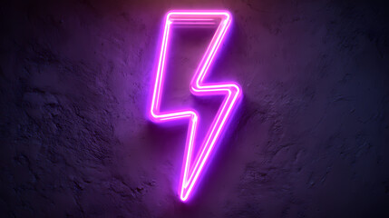 Neon lightning bolt illuminated on textured wall, symbolizing power and energy