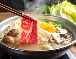 Shabu-Shabu Hot Pot with Sliced Wagyu Beef and Vegetables    