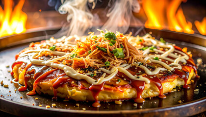 Freshly Cooked Okonomiyaki on Hot Teppan Grill with Steam 