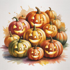Stack of Pumpkins Watercolor Halloween Illustration