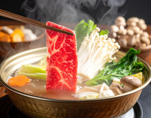 Shabu-Shabu Hot Pot with Sliced Wagyu Beef and Vegetables    