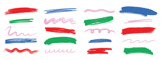 Chalk scrawl underline doodles. Kids crayon brush stroke lines and sketchy underlines. Vector illustration.