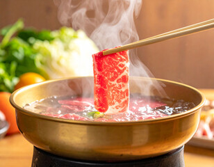 Wagyu Beef Slice for Shabu-Shabu Being Cooked in Hot Pot    