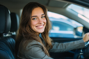 Naklejka premium Smiling woman sitting in car driver seat