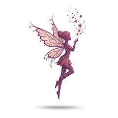 Obraz premium Fairy silhouette with starbursts and wings illustration transparent background