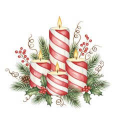 Festive candy cane candles christmas decoration with pine sprigs and berries artistic render isolated on transparent background