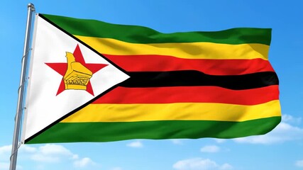 Zimbabwe Flag Waving Against Blue Sky Background on Sunny Day