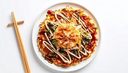 Japanese okonomiyaki served on a white plate placed on a white background