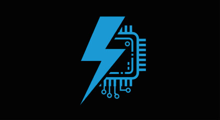 Blue lightning bolt combined with a computer microprocessor icon.