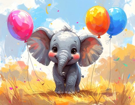 Adorable cartoon elephant with balloons on a sunny day