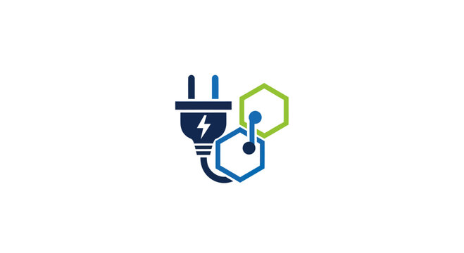 Technology and energy concept logo with plug and hexagons.