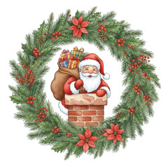 Festive santa claus peeking over chimney surrounded by evergreen christmas wreath isolated on transparent background